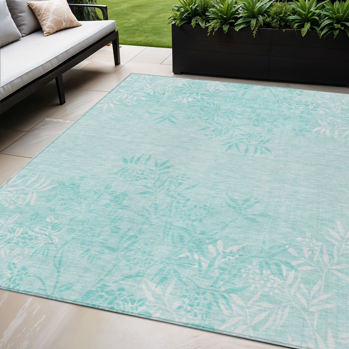 5' X 8' Teal Blue Aqua And Ivory Floral Washable Indoor Outdoor Area Rug
