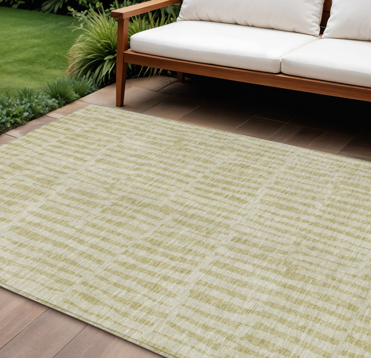 9' X 12' Beige And Tan Striped Washable Indoor Outdoor Area Rug