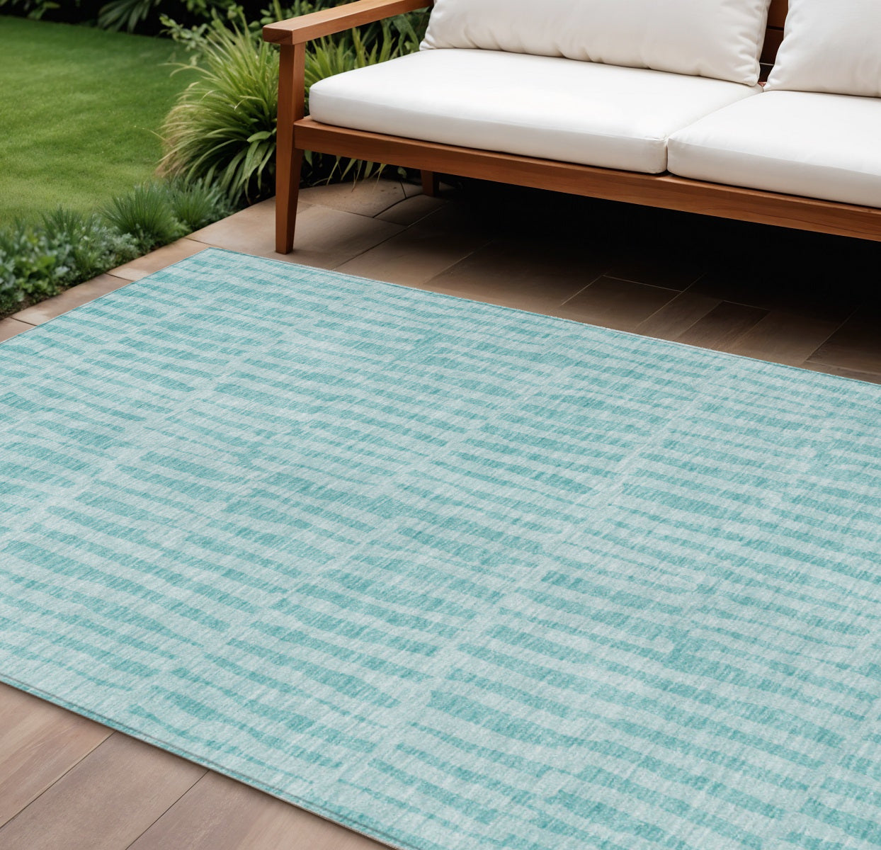 9' X 12' Teal Blue And Aqua Striped Washable Indoor Outdoor Area Rug