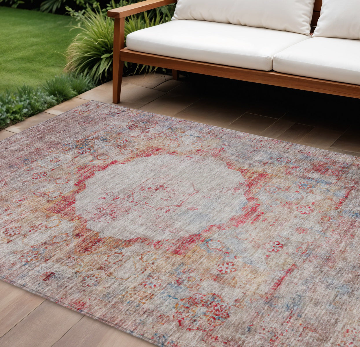 10' X 14' Red Gray And Blue Oriental Washable Indoor Outdoor Area Rug