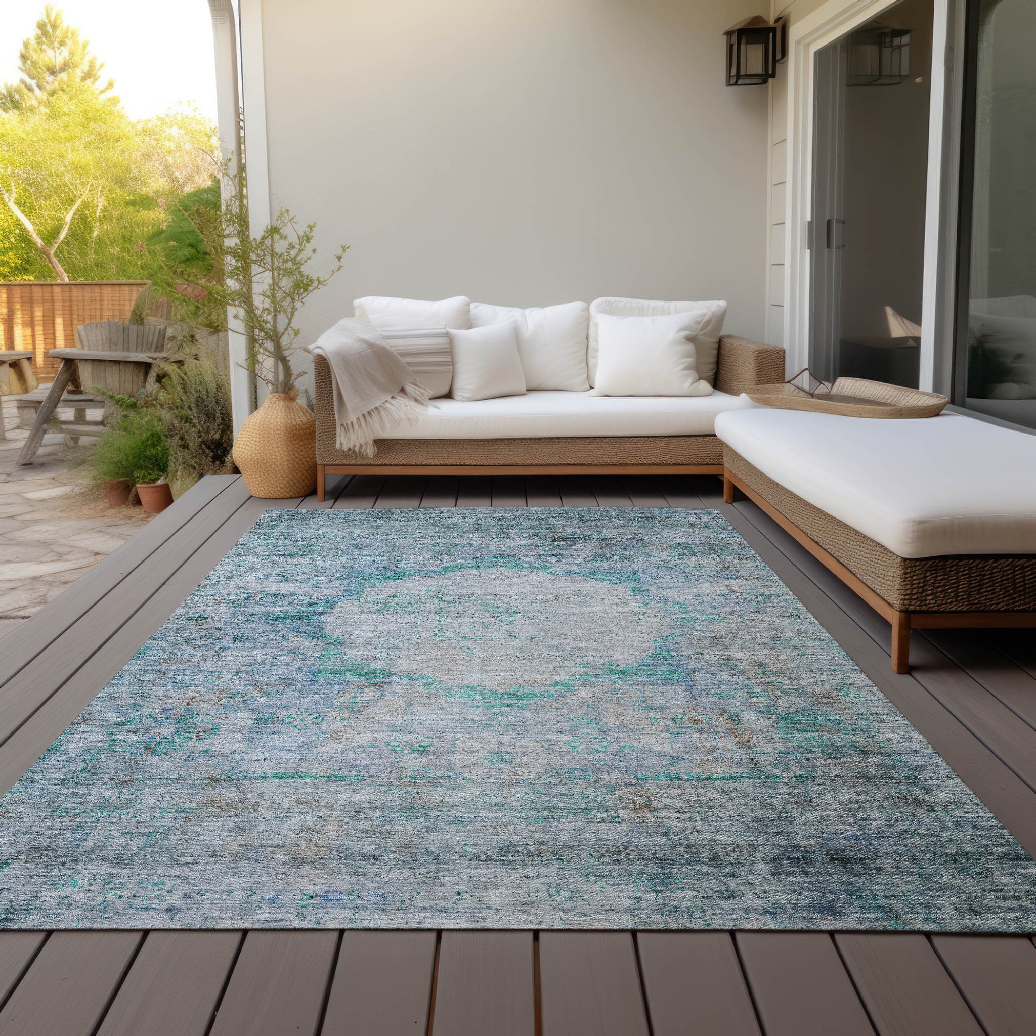 10' X 14' Teal Blue Aqua And Gray Oriental Washable Indoor Outdoor Area Rug