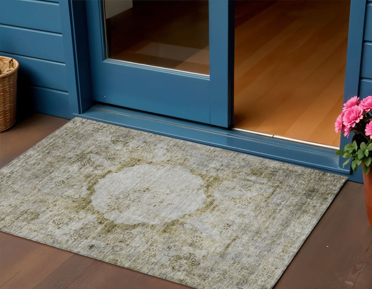 3' X 5' Taupe Brown And Gray Oriental Washable Indoor Outdoor Area Rug