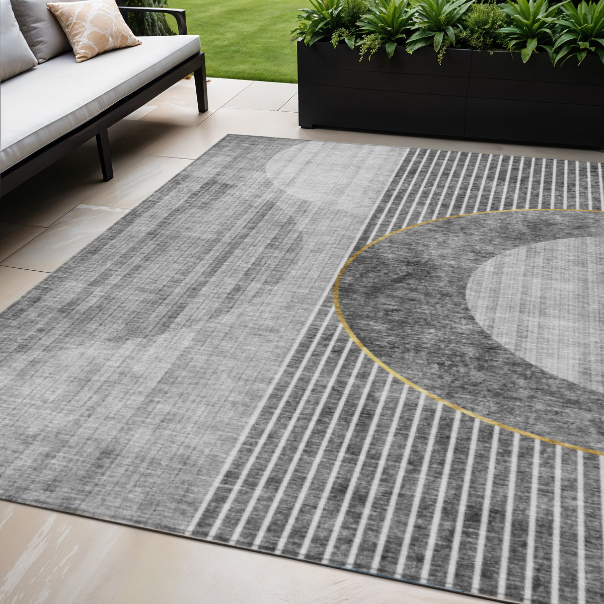 5' X 8' Charcoal Gray And Silver Geometric Washable Indoor Outdoor Area Rug
