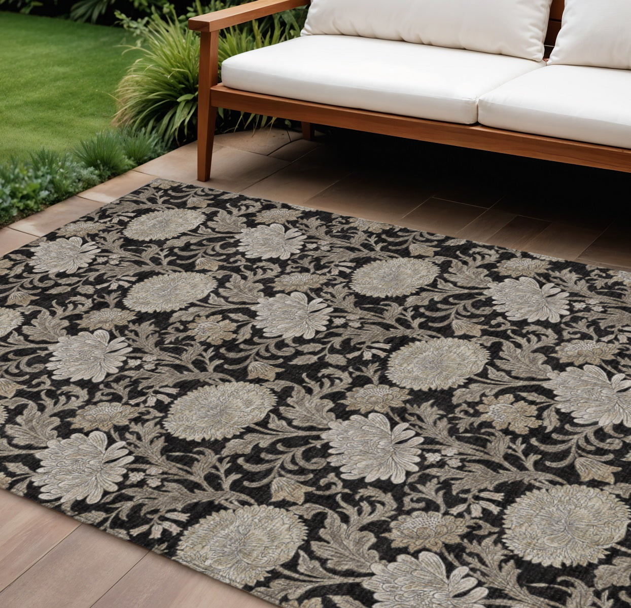 10' X 14' Black Taupe And Beige Floral Washable Indoor Outdoor Area Rug