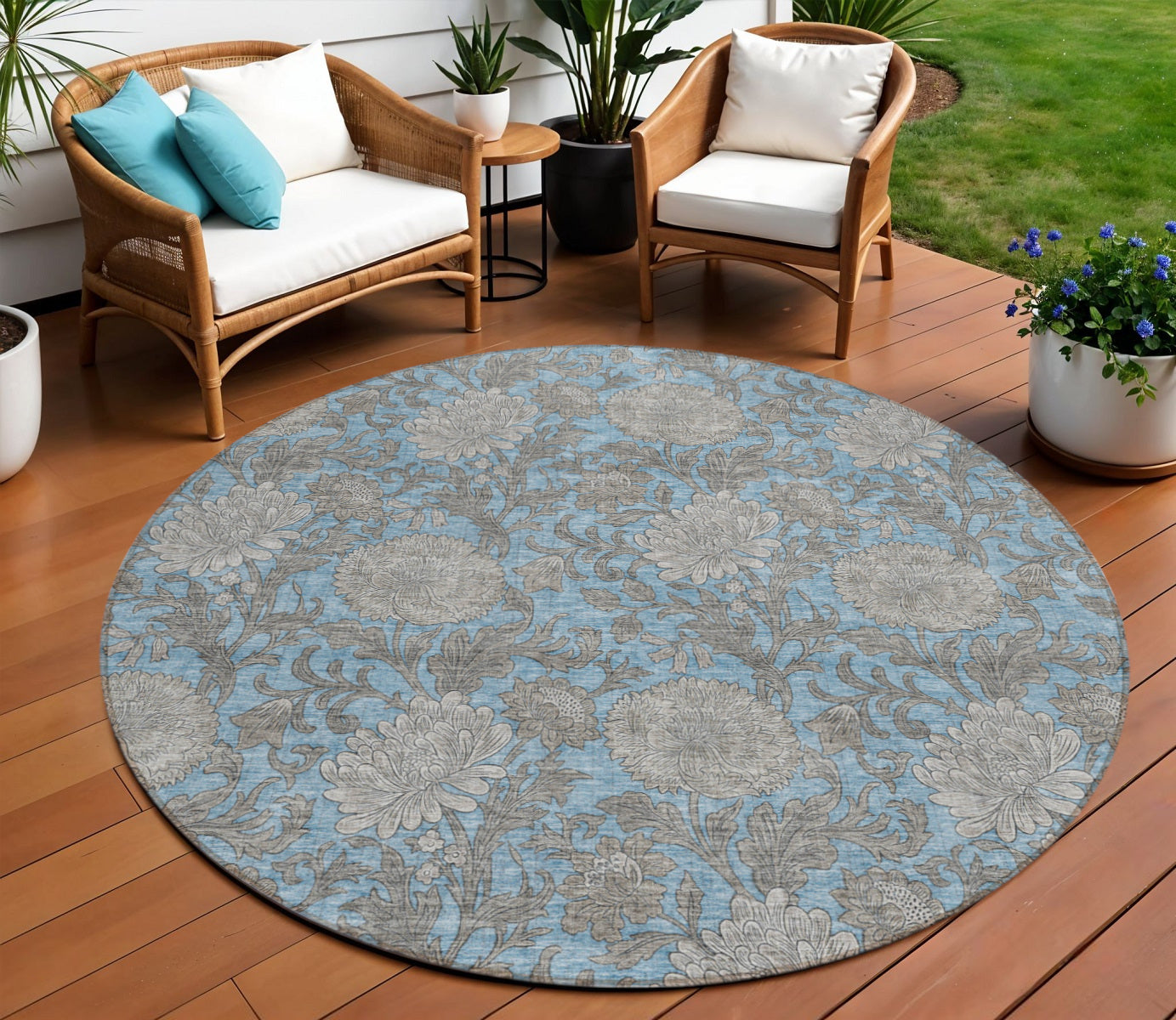 8' Blue Gray And Silver Round Floral Washable Indoor Outdoor Area Rug