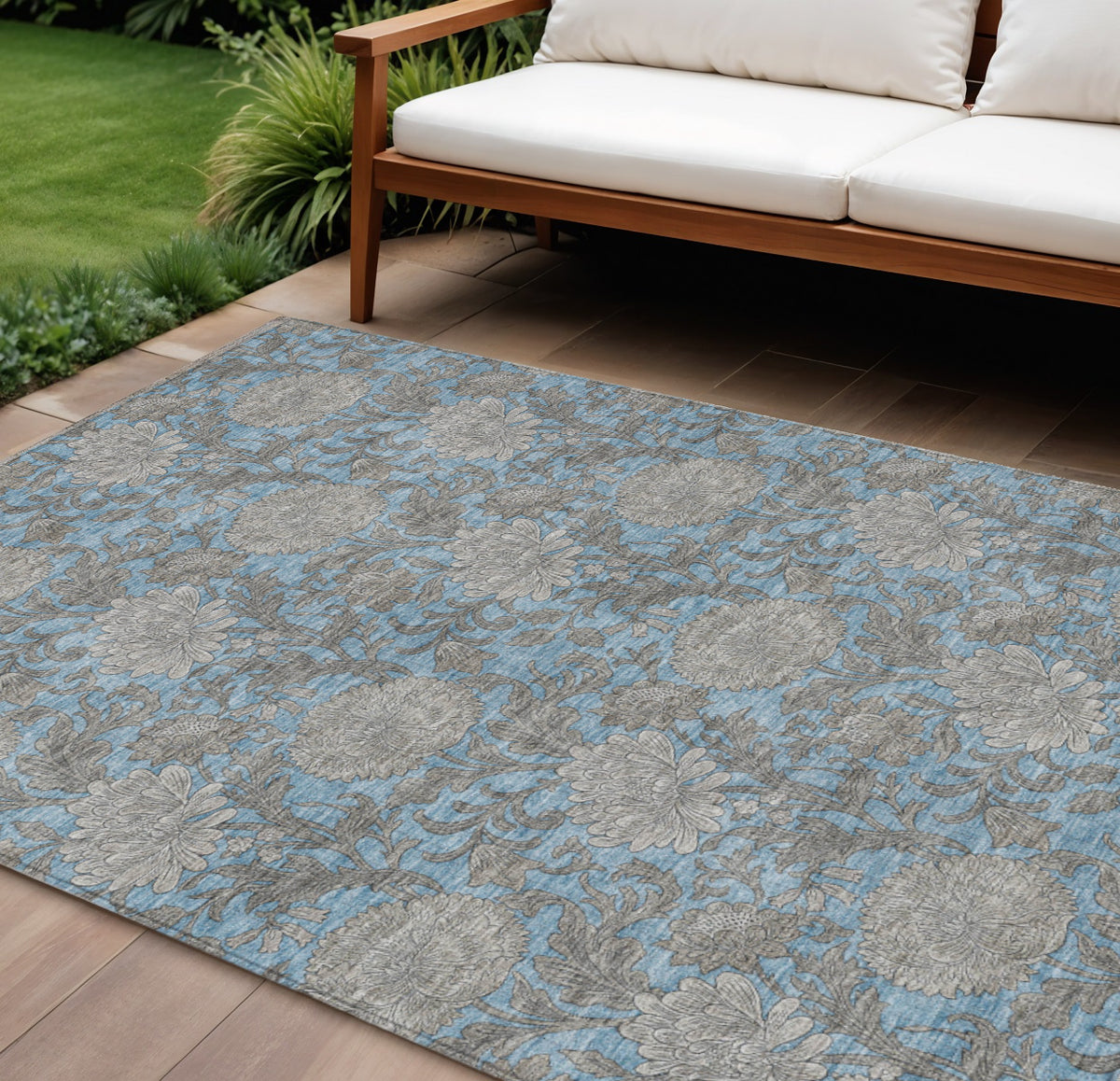9' X 12' Blue Gray And Silver Floral Washable Indoor Outdoor Area Rug