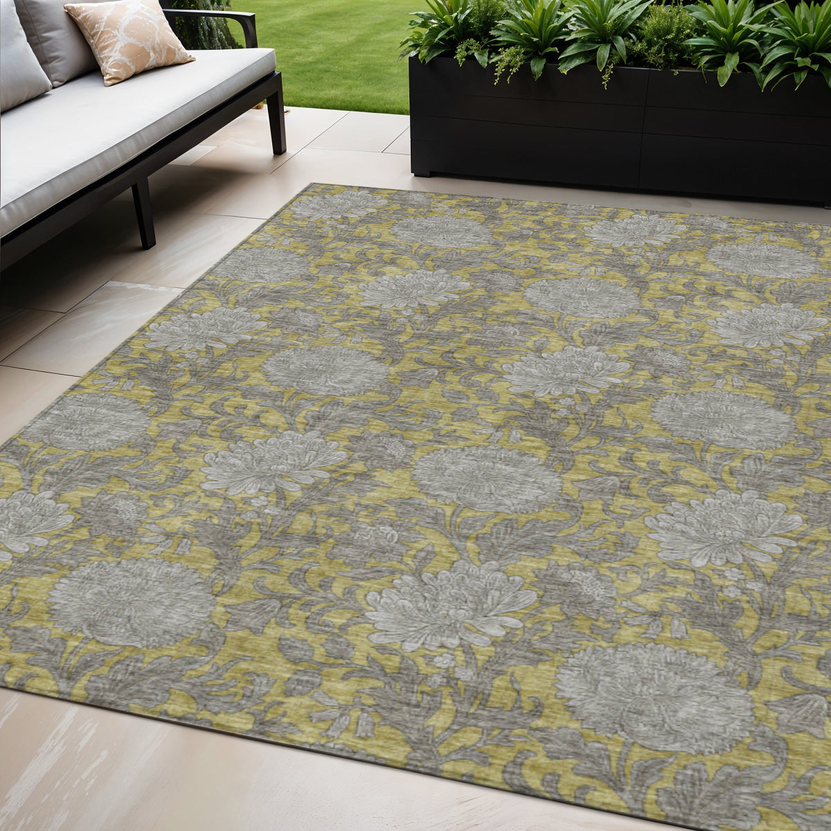 5' X 8' Gold Gray And Charcoal Floral Washable Indoor Outdoor Area Rug