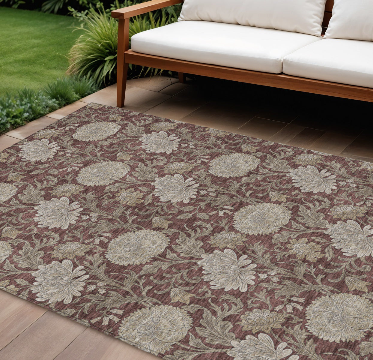 9' X 12' Merlot Taupe And Beige Floral Washable Indoor Outdoor Area Rug