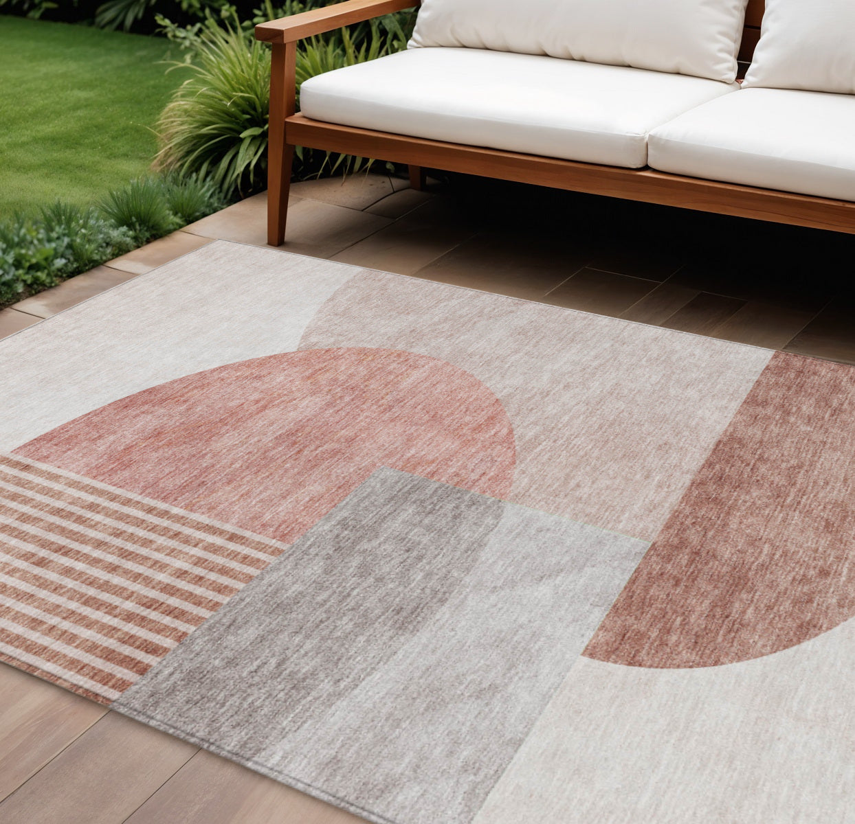 9' X 12' Copper Red And Gray Geometric Washable Indoor Outdoor Area Rug