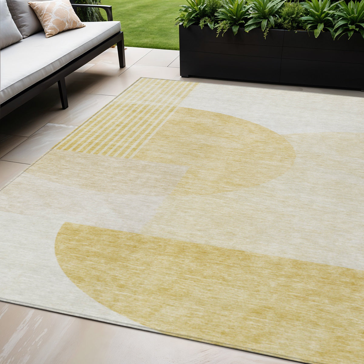 5' X 8' Gold Wheat And Ivory Geometric Washable Indoor Outdoor Area Rug