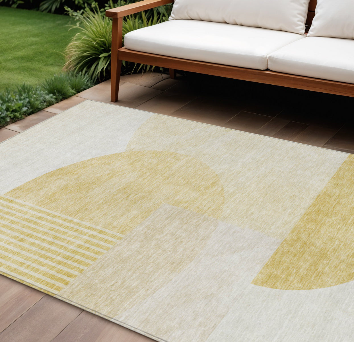 9' X 12' Gold Wheat And Ivory Geometric Washable Indoor Outdoor Area Rug