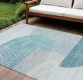 8' X 10' Teal Blue And Silver Geometric Washable Indoor Outdoor Area Rug