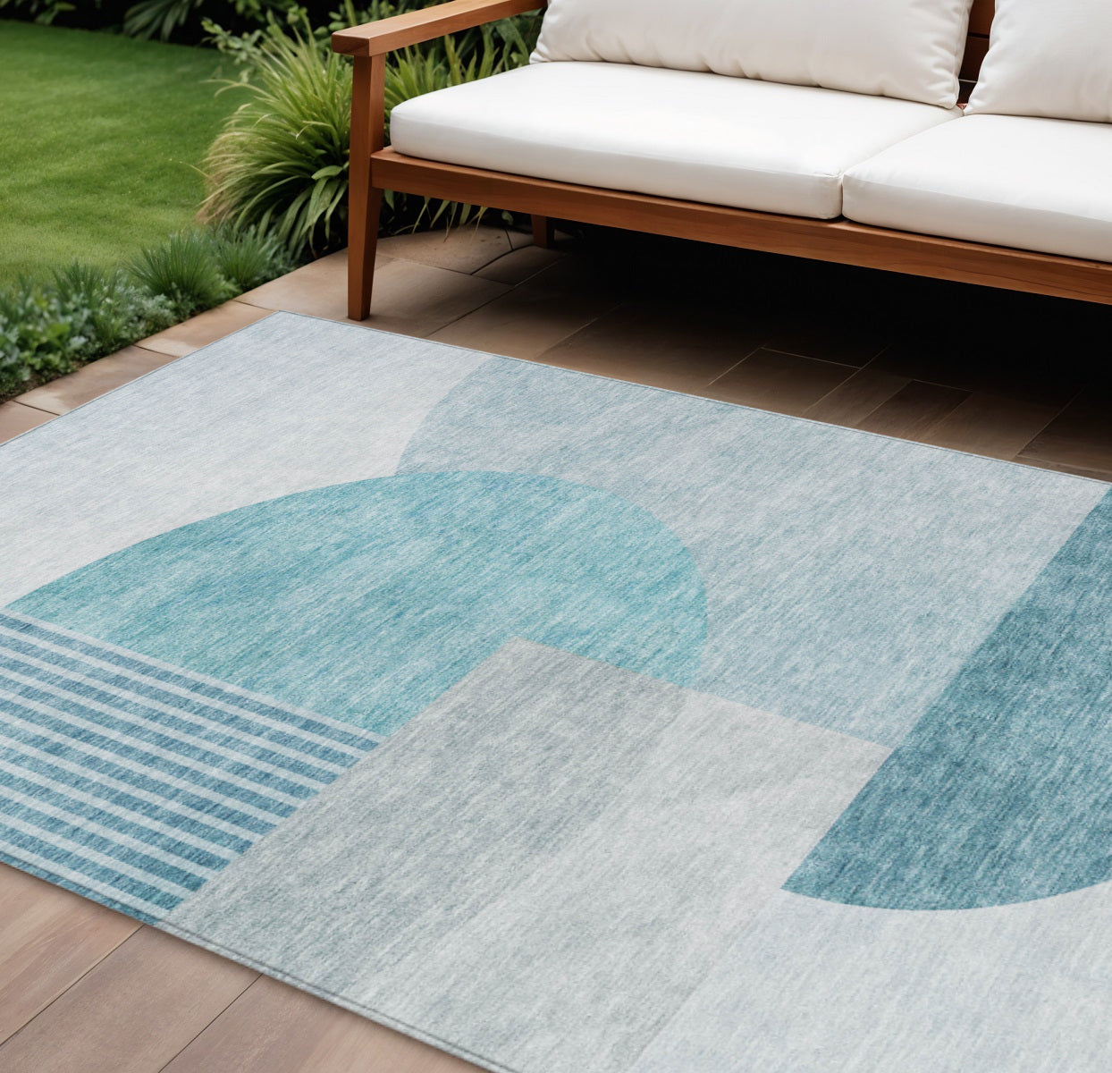 9' X 12' Teal Blue And Silver Geometric Washable Indoor Outdoor Area Rug