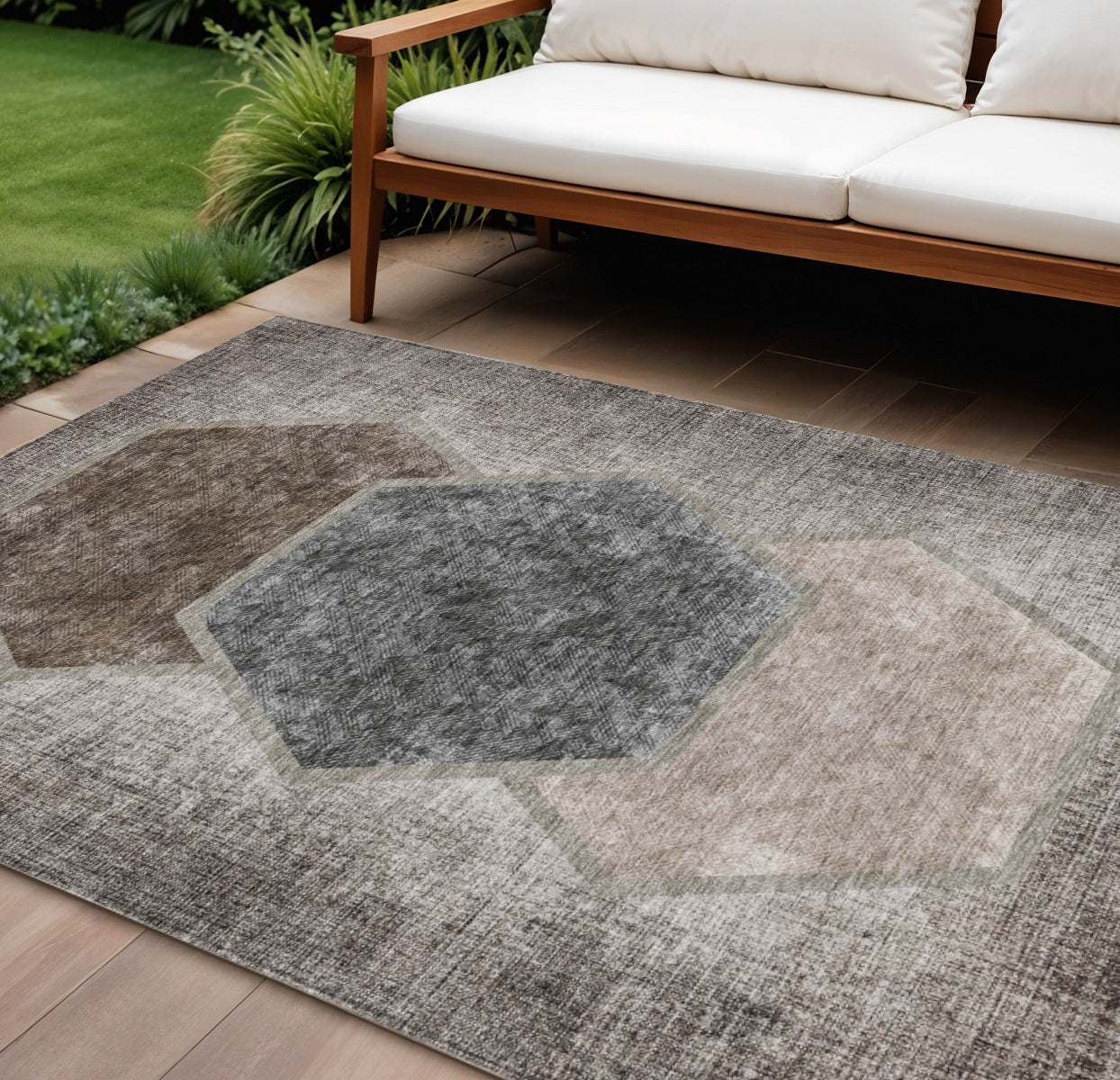 9' X 12' Chocolate And Taupe Geometric Washable Indoor Outdoor Area Rug