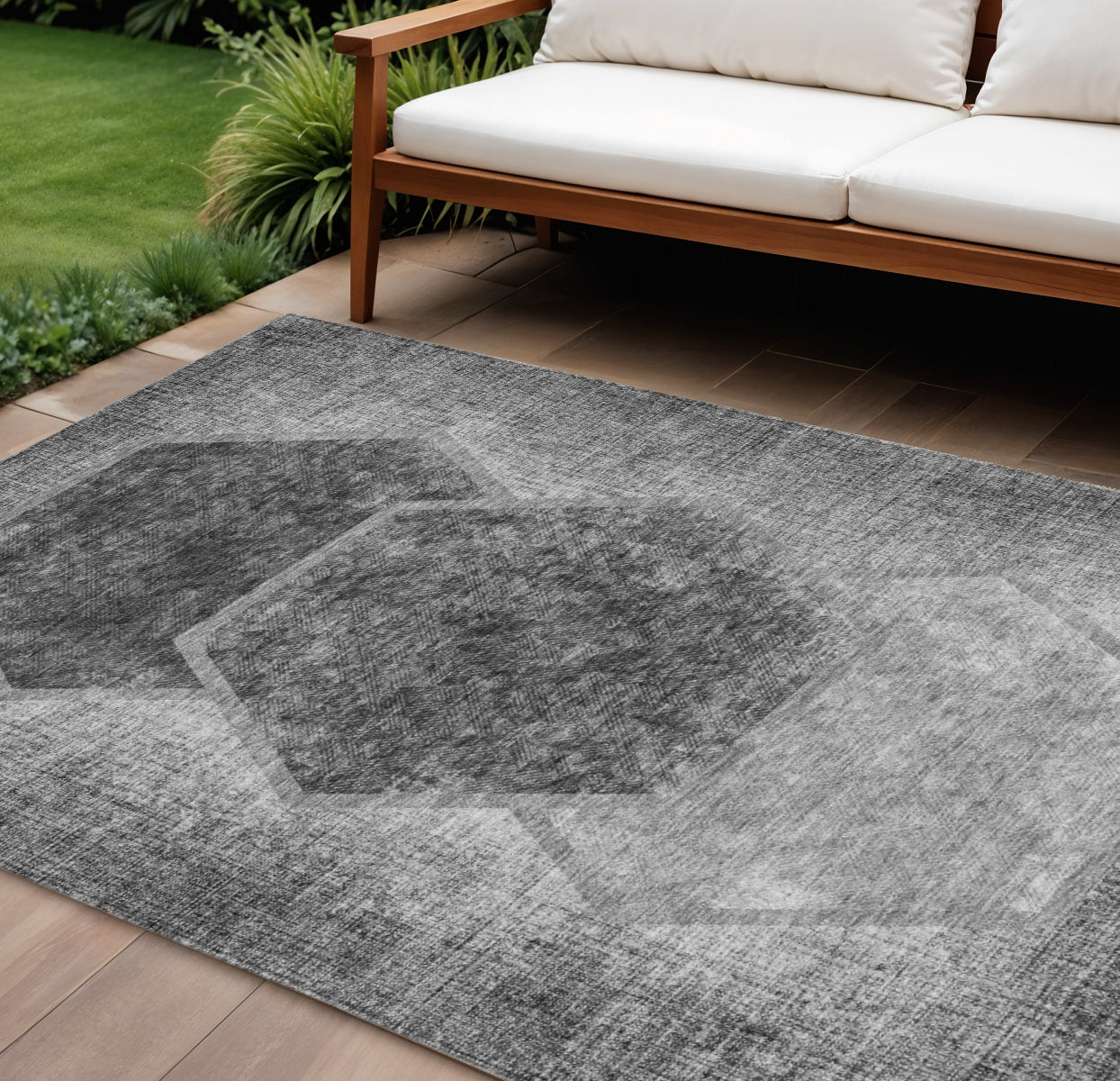 9' X 12' Gray Charcoal And Silver Geometric Washable Indoor Outdoor Area Rug