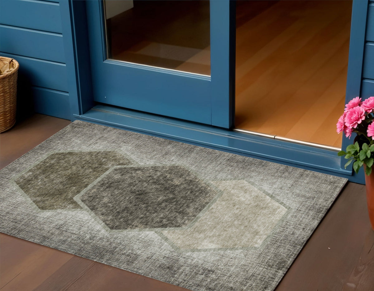 3' X 5' Taupe Beige And Chocolate Geometric Washable Indoor Outdoor Area Rug