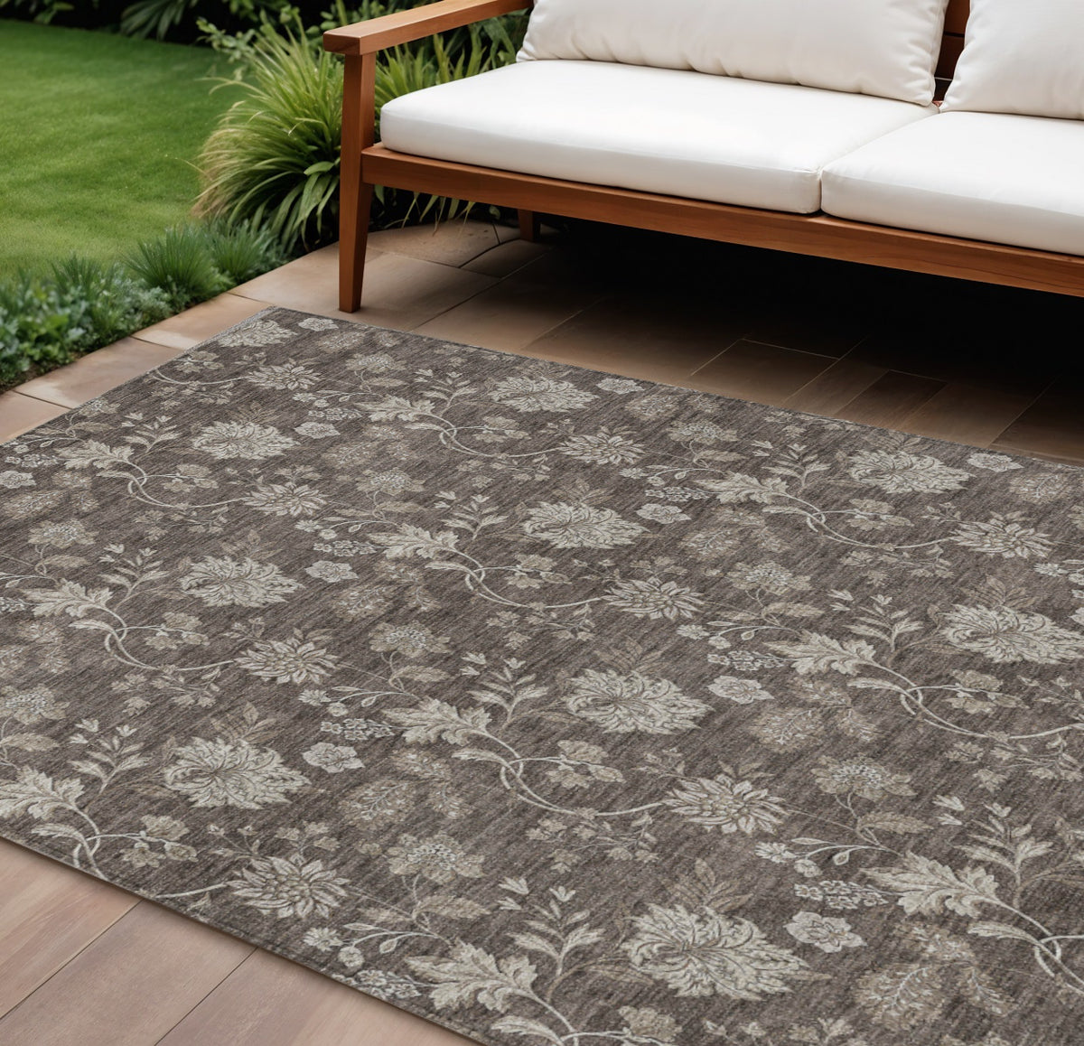 9' X 12' Chocolate Beige And Taupe Floral Washable Indoor Outdoor Area Rug