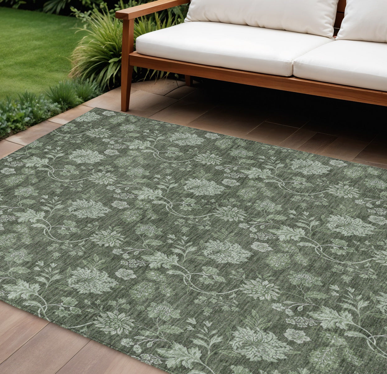 9' X 12' Olive Green And Artichoke Green Floral Washable Indoor Outdoor Area Rug