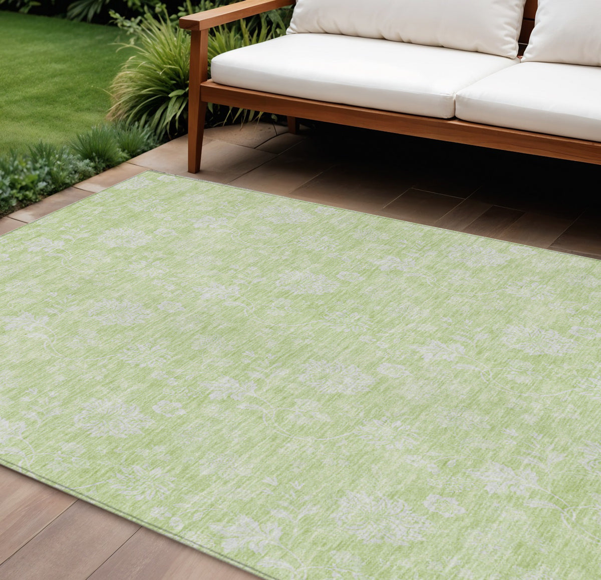 9' X 12' Artichoke Green Mint Green And Ivory Floral Washable Indoor Outdoor Area Rug