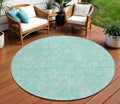 8' Aqua And Ivory Round Floral Washable Indoor Outdoor Area Rug
