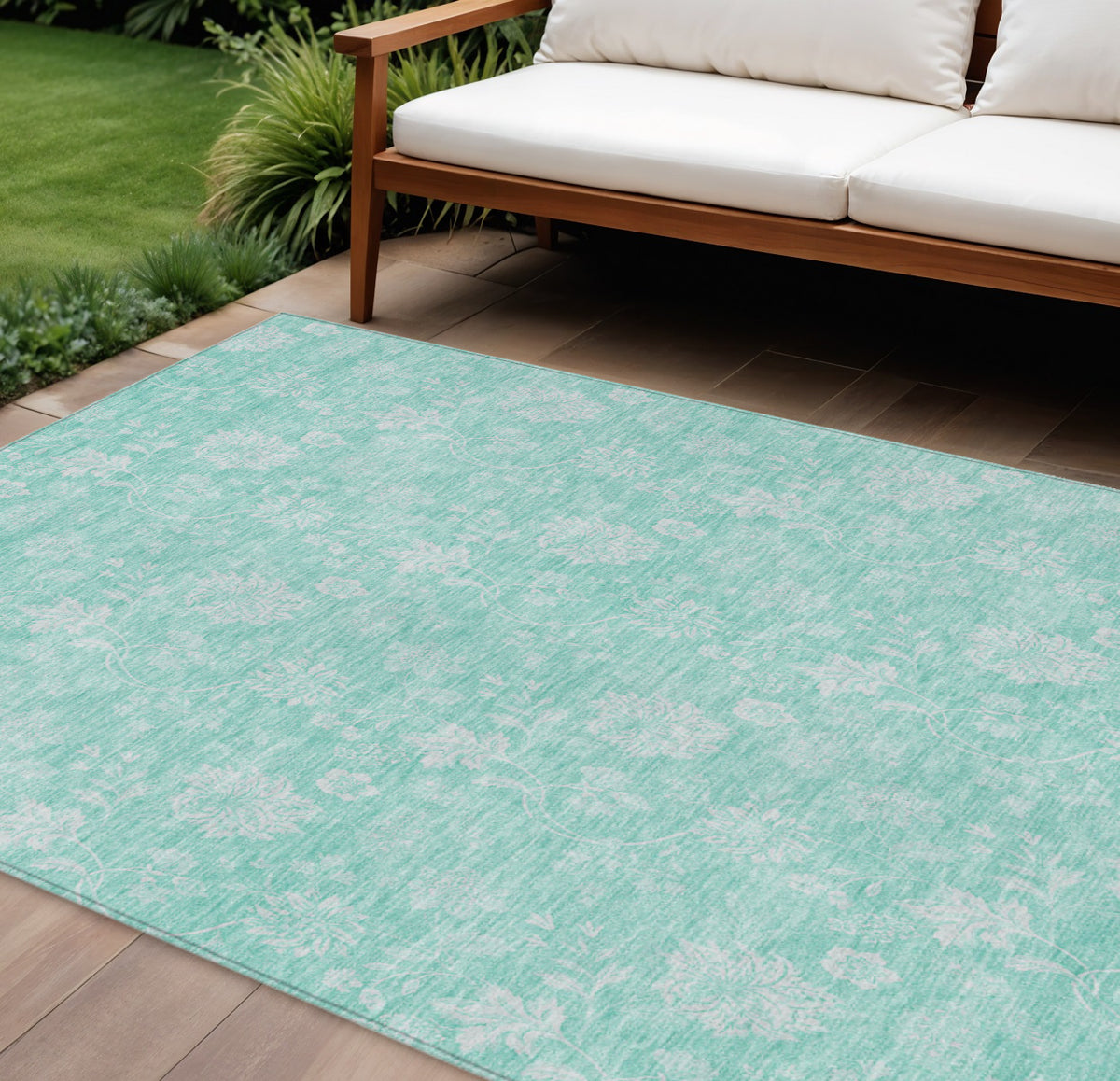 10' X 14' Aqua And Ivory Floral Washable Indoor Outdoor Area Rug