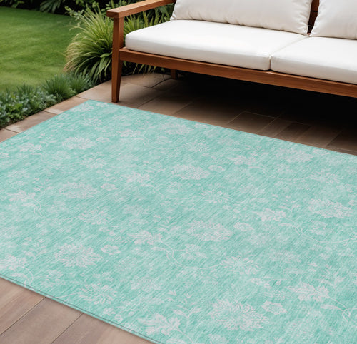 10' X 14' Aqua And Ivory Floral Washable Indoor Outdoor Area Rug