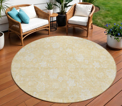 8' Yellow Wheat And Ivory Round Floral Washable Indoor Outdoor Area Rug