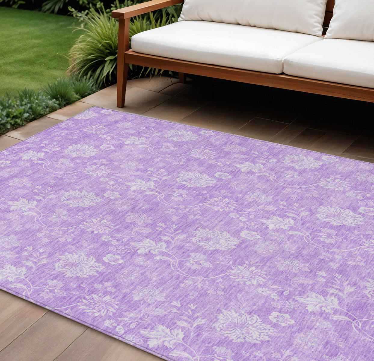 9' X 12' Lavender And Lilac Floral Washable Indoor Outdoor Area Rug