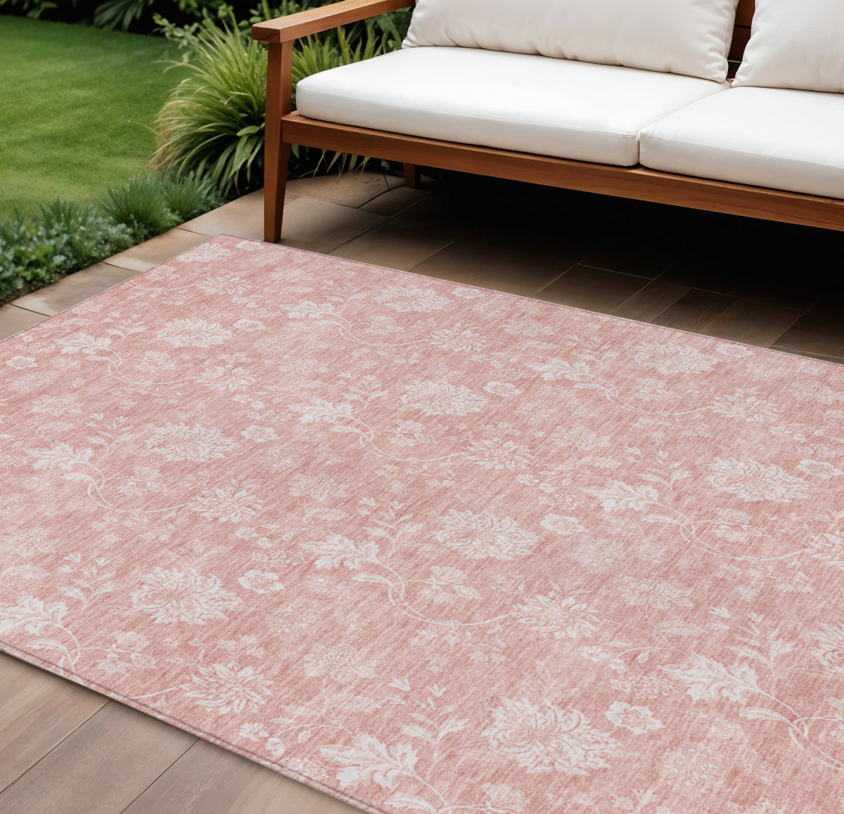 10' X 14' Pink Ivory And Blush Floral Washable Indoor Outdoor Area Rug