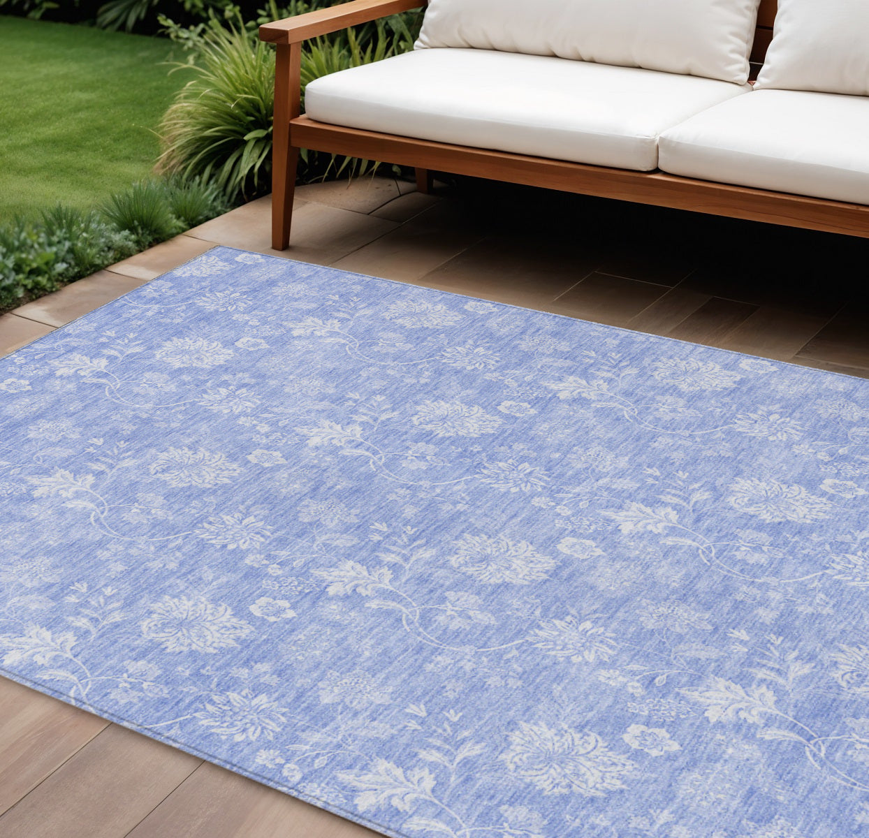 9' X 12' Sky Blue Denim Blue And Ivory Floral Washable Indoor Outdoor Area Rug