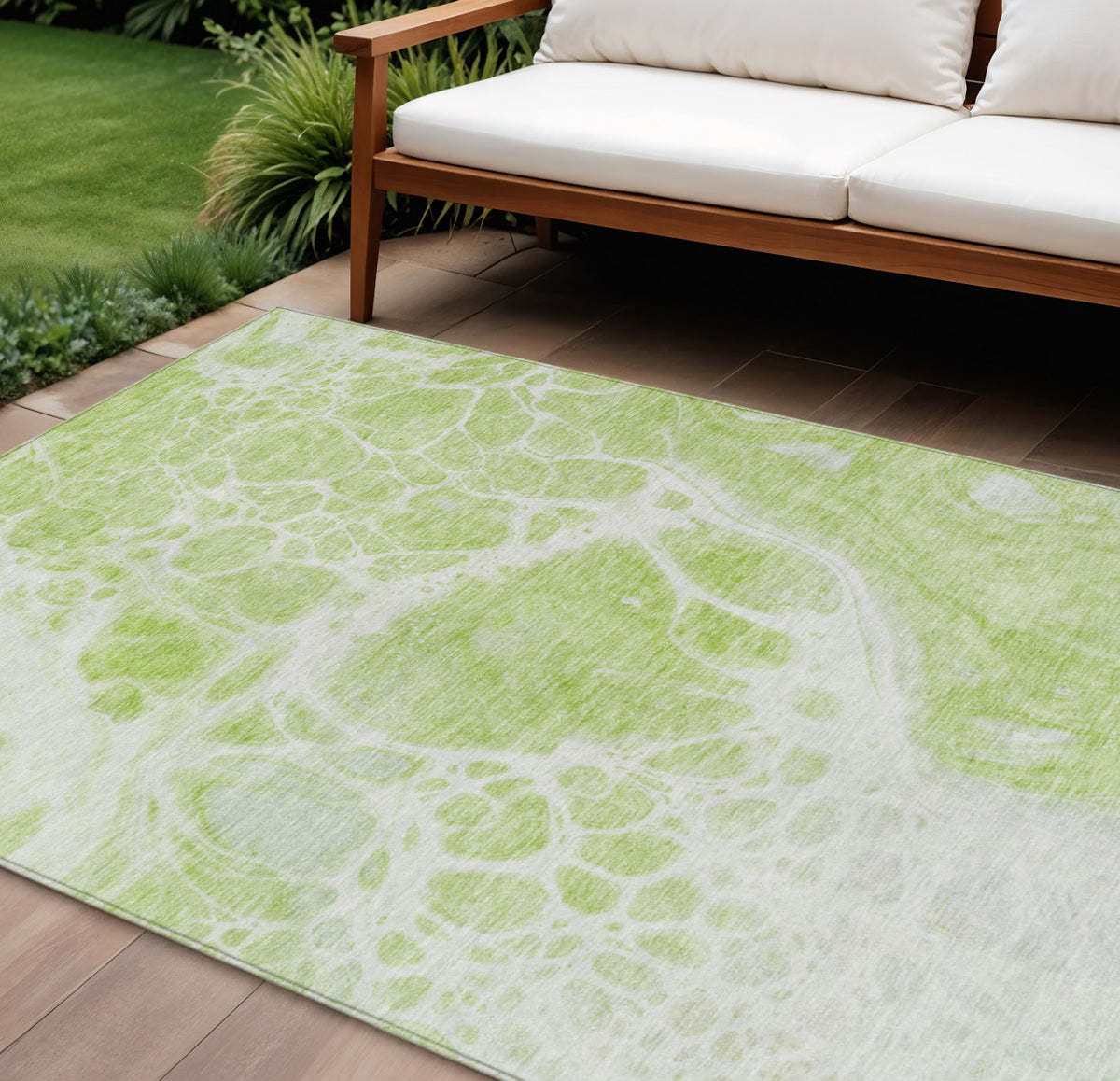 9' X 12' Artichoke Green And Ivory Nautical Washable Indoor Outdoor Area Rug