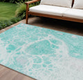 10' X 14' Aqua Teal Blue And Ivory Nautical Washable Indoor Outdoor Area Rug