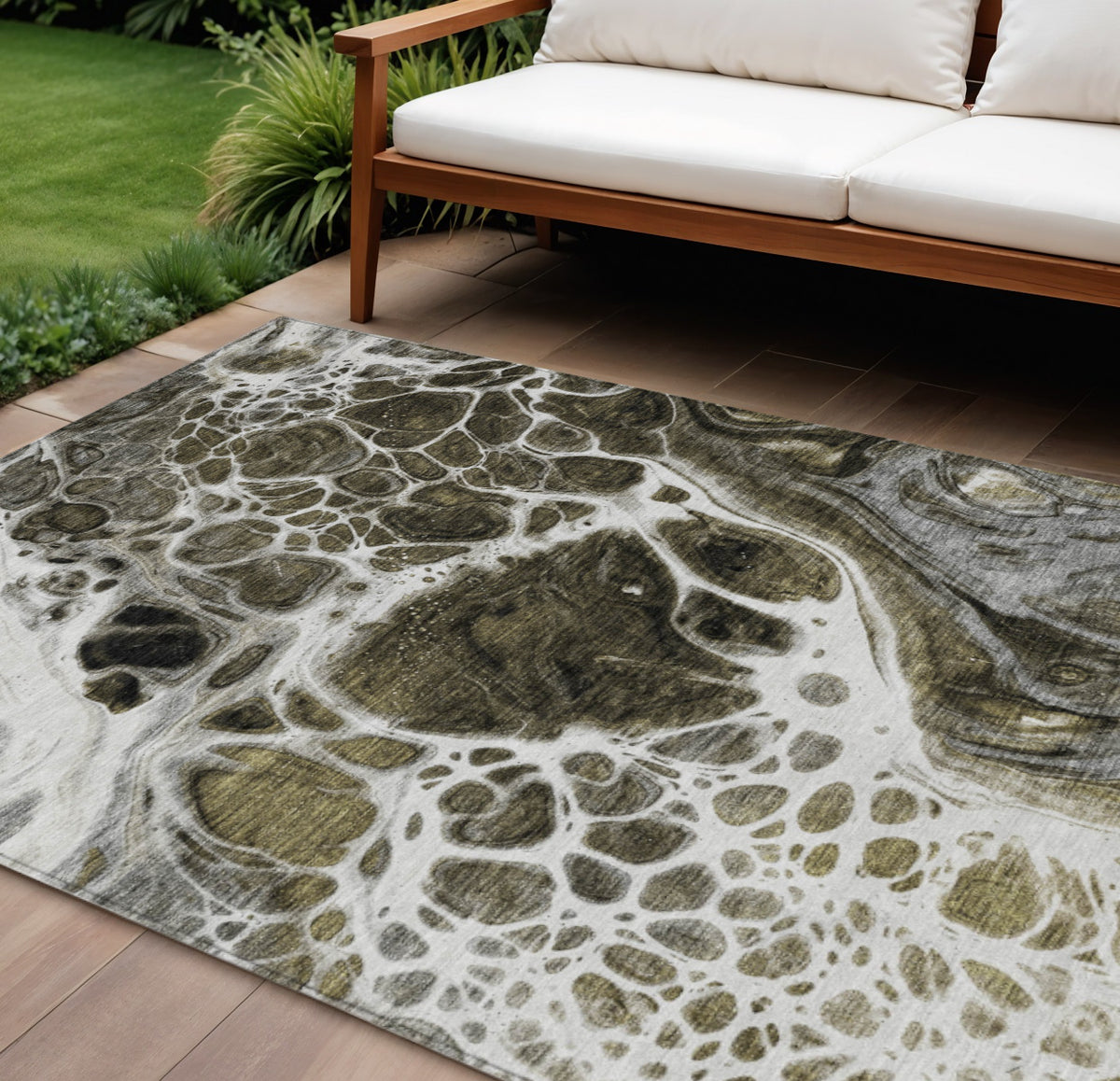9' X 12' Chocolate Beige And Taupe Nautical Washable Indoor Outdoor Area Rug