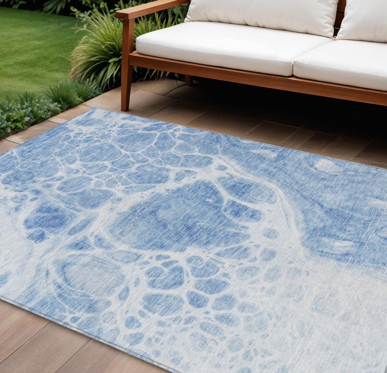 10' X 14' Sky Blue And Denim Blue Nautical Washable Indoor Outdoor Area Rug
