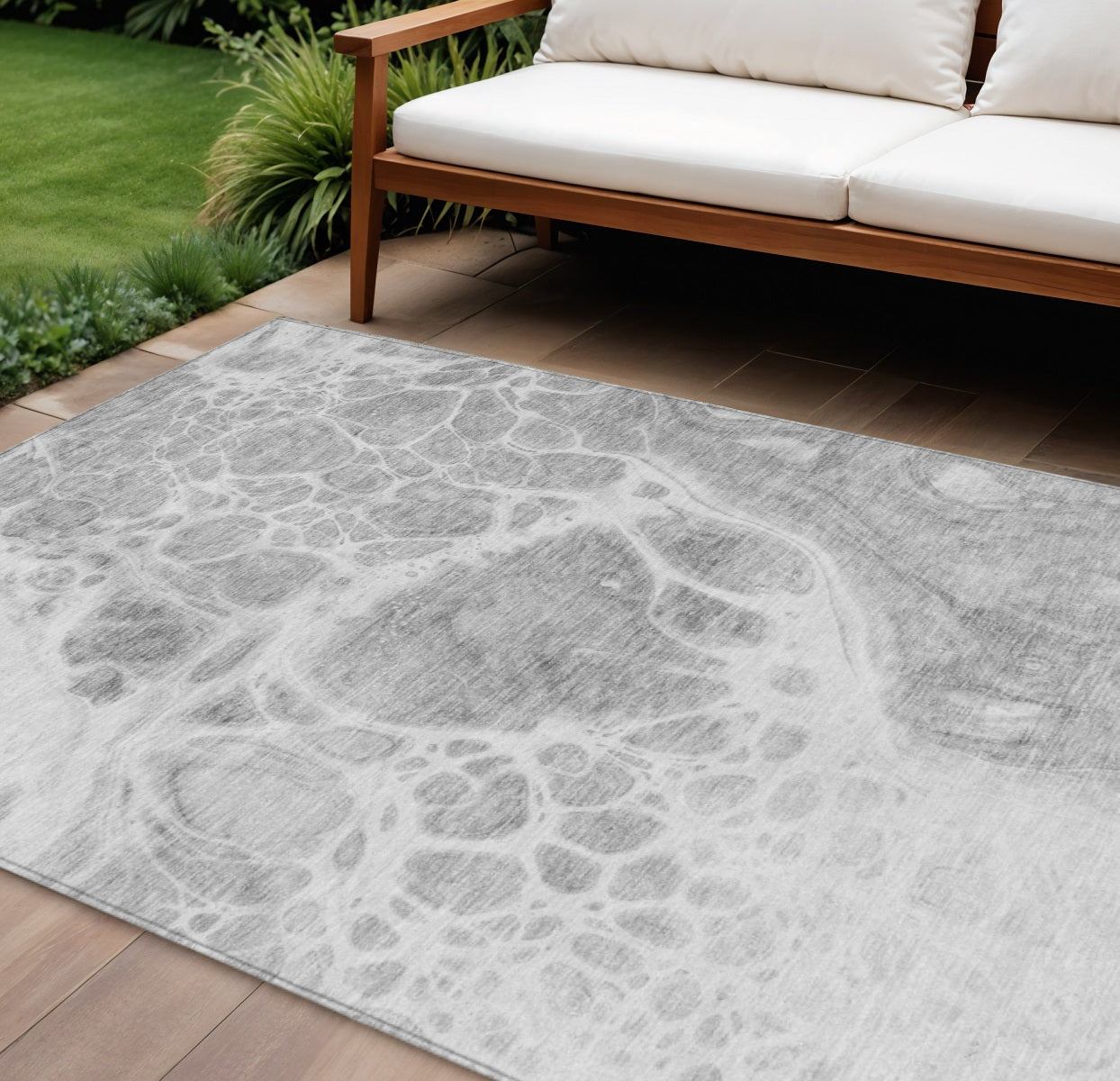 10' X 14' Gray Silver And Ivory Nautical Washable Indoor Outdoor Area Rug
