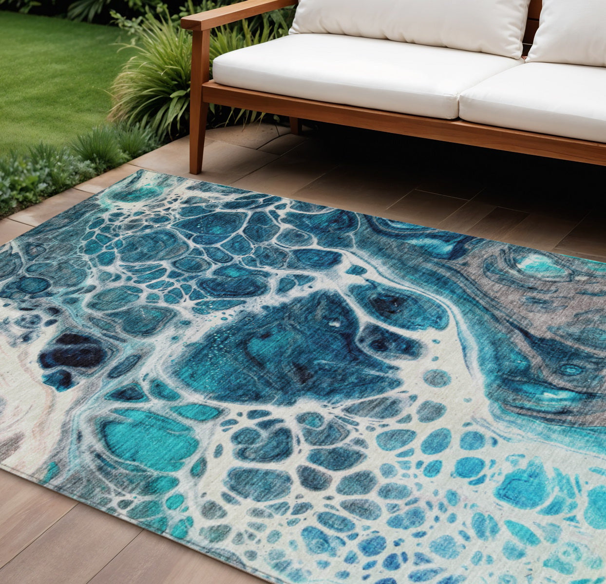 9' X 12' Teal Blue And Navy Blue Nautical Washable Indoor Outdoor Area Rug