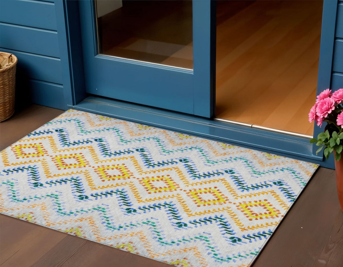 3' X 5' Ivory Blue And Purple Geometric Washable Indoor Outdoor Area Rug