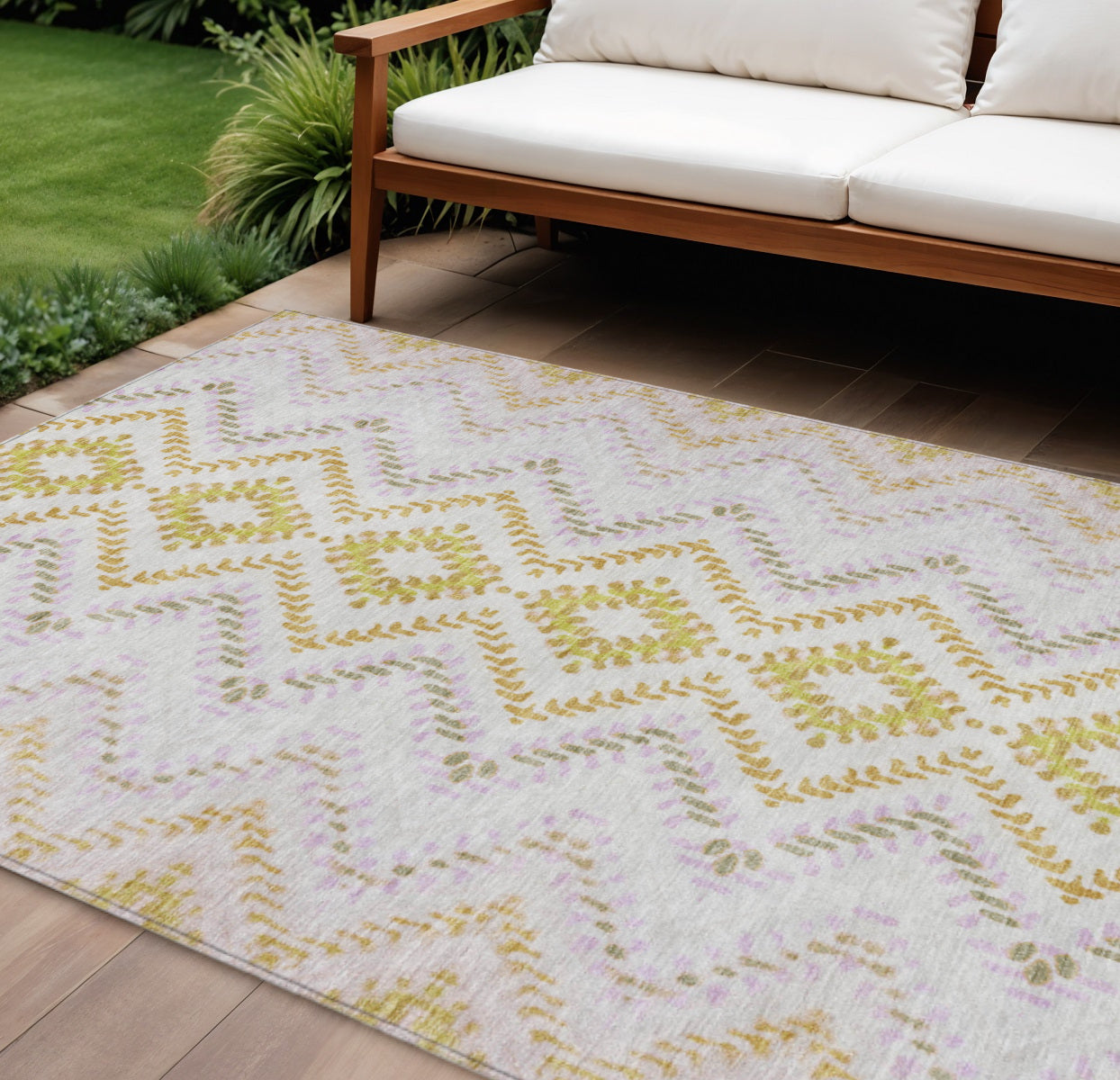 9' X 12' Pearl Ivory And Artichoke Green Geometric Washable Indoor Outdoor Area Rug