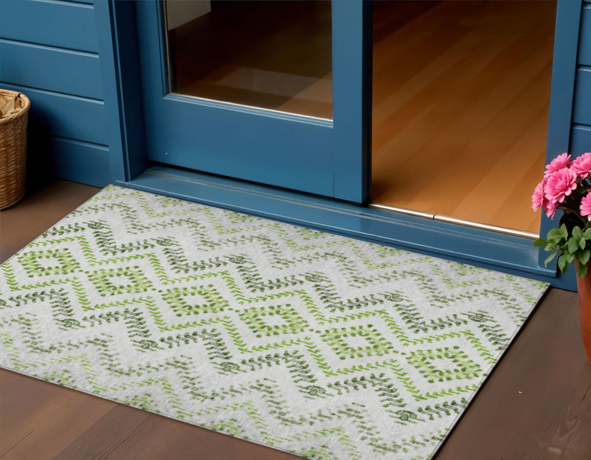 3' X 5' Green Ivory And Gray Geometric Washable Indoor Outdoor Area Rug