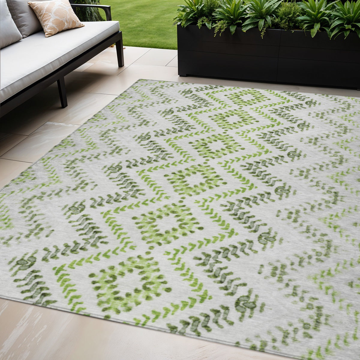 5' X 8' Green Ivory And Gray Geometric Washable Indoor Outdoor Area Rug