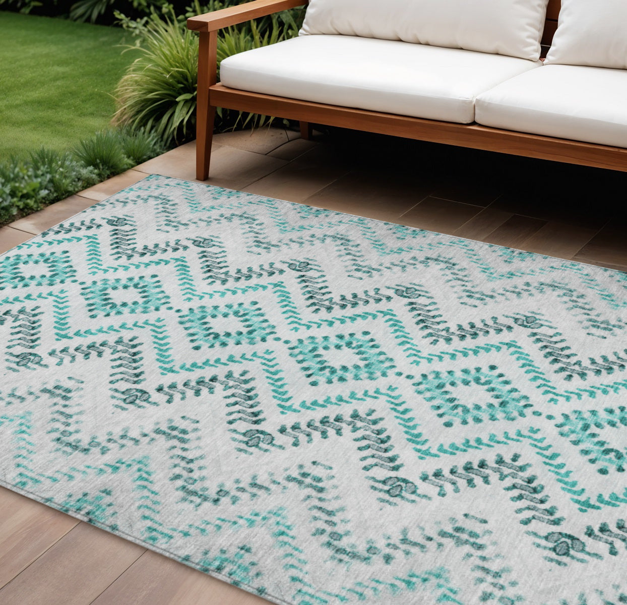 9' X 12' Teal Blue Aqua And Gray Geometric Washable Indoor Outdoor Area Rug