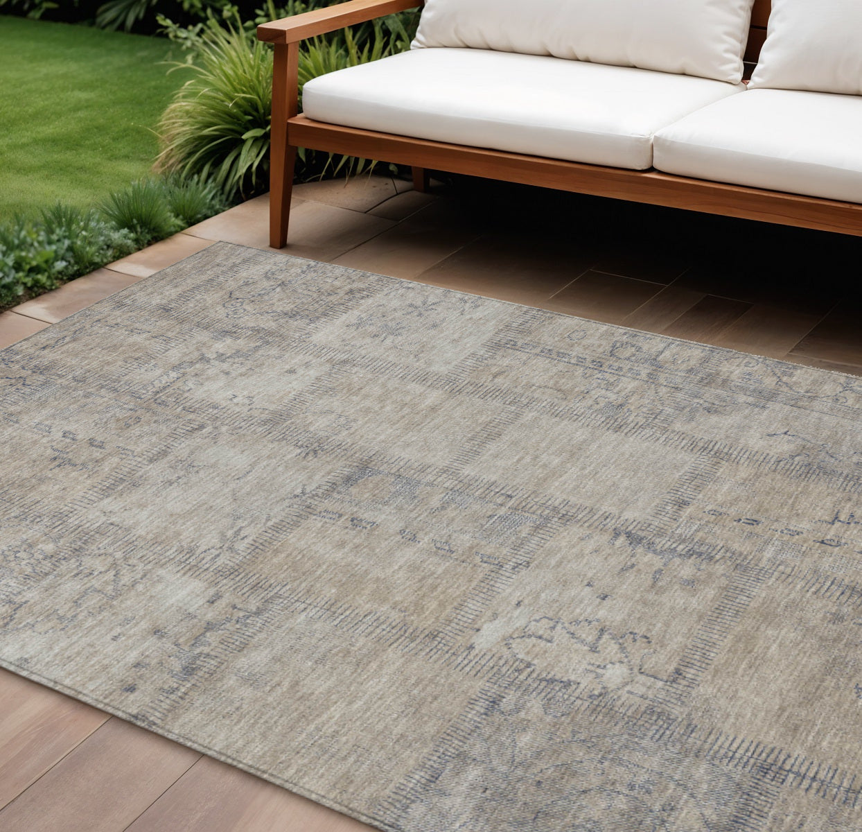 10' X 14' Beige Taupe And Brown Patchwork Washable Indoor Outdoor Area Rug