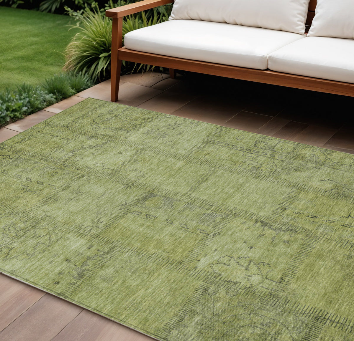 9' X 12' Fern Green And Artichoke Green Patchwork Washable Indoor Outdoor Area Rug