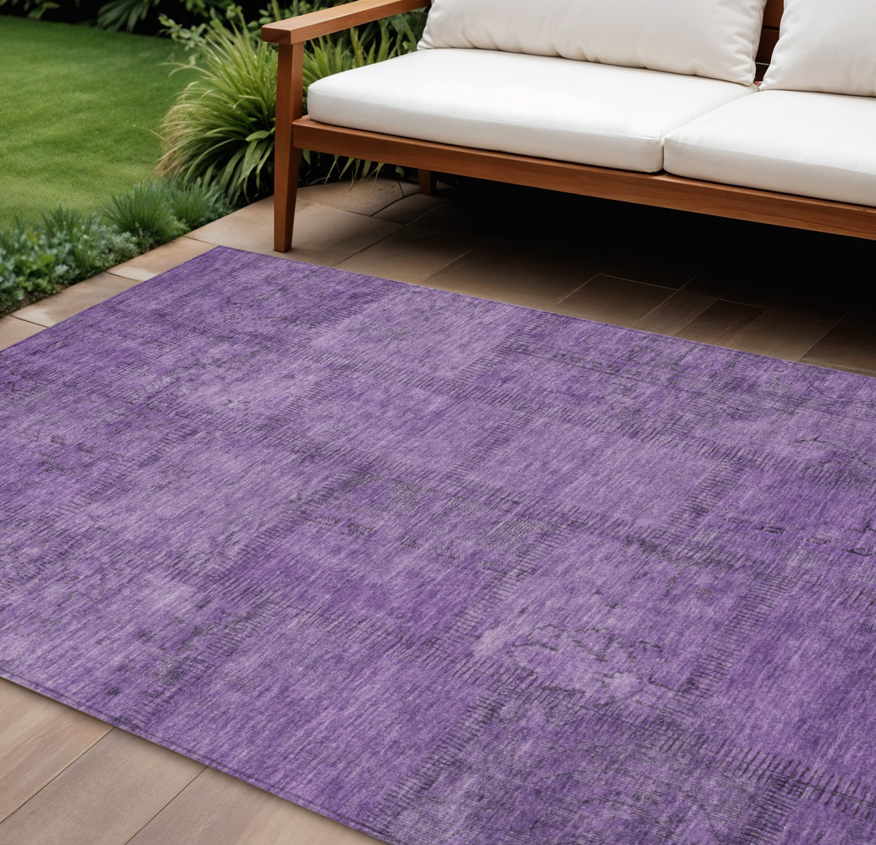 9' X 12' Purple Eggplant And Gray Patchwork Washable Indoor Outdoor Area Rug