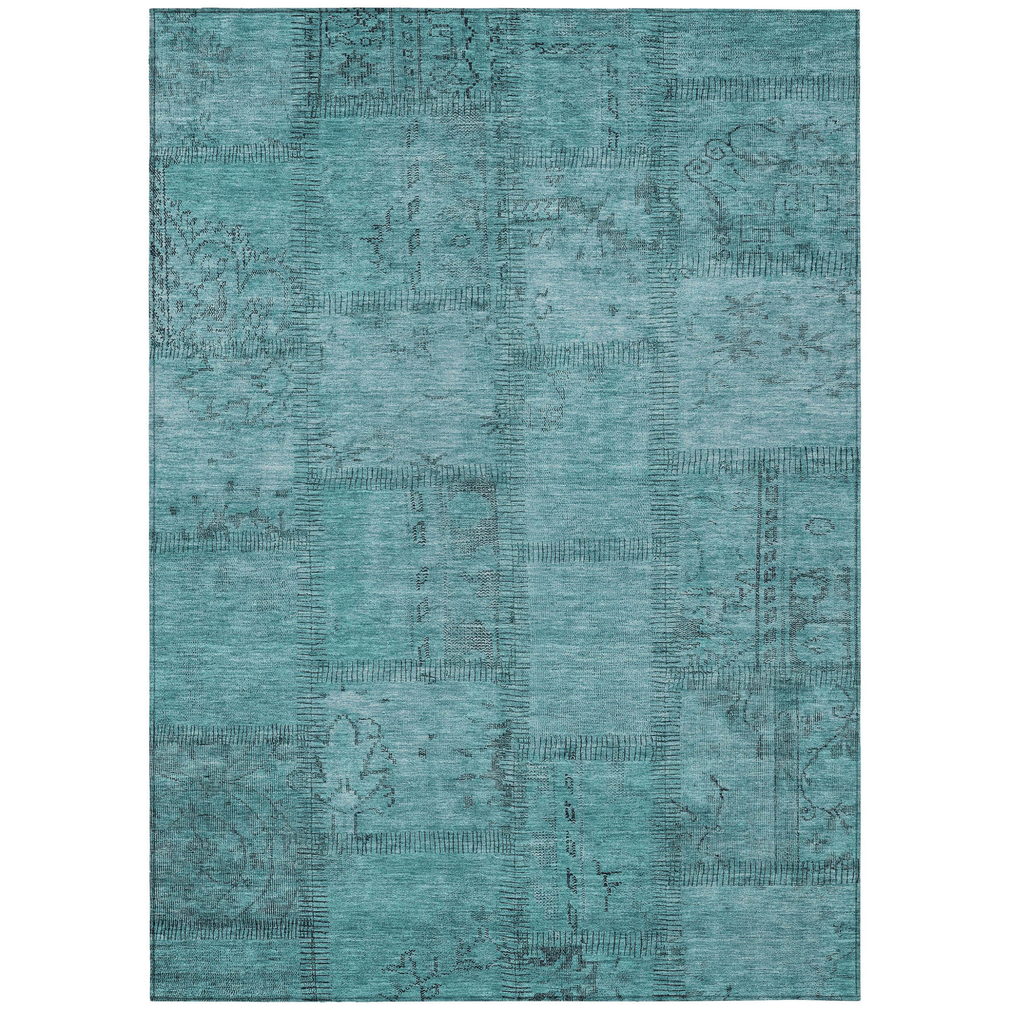 9' X 12' Teal Blue And Aqua Patchwork Washable Indoor Outdoor Area Rug