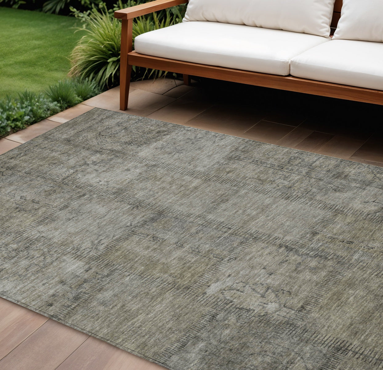 9' X 12' Taupe Brown And Beige Patchwork Washable Indoor Outdoor Area Rug