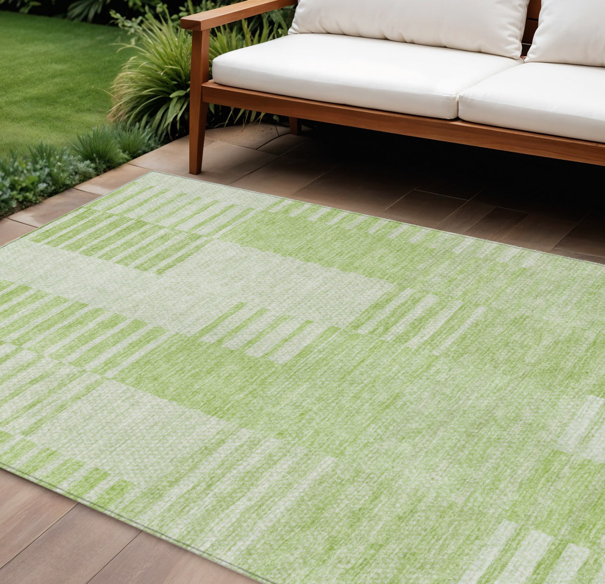 9' X 12' Artichoke Green And Mint Green Striped Washable Indoor Outdoor Area Rug