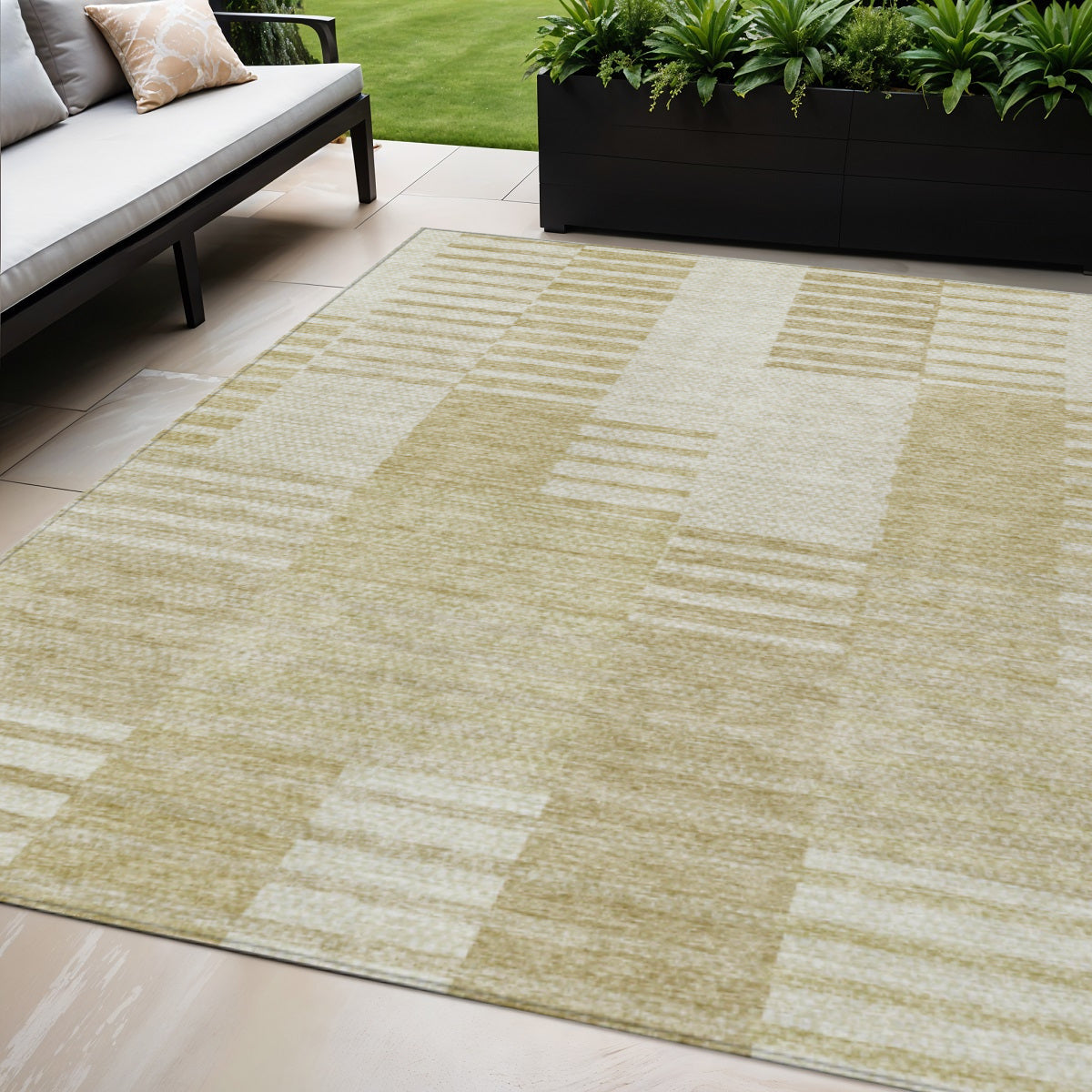 5' X 8' Beige And Ivory Striped Washable Indoor Outdoor Area Rug