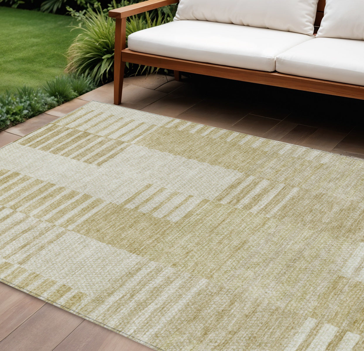 9' X 12' Beige And Ivory Striped Washable Indoor Outdoor Area Rug