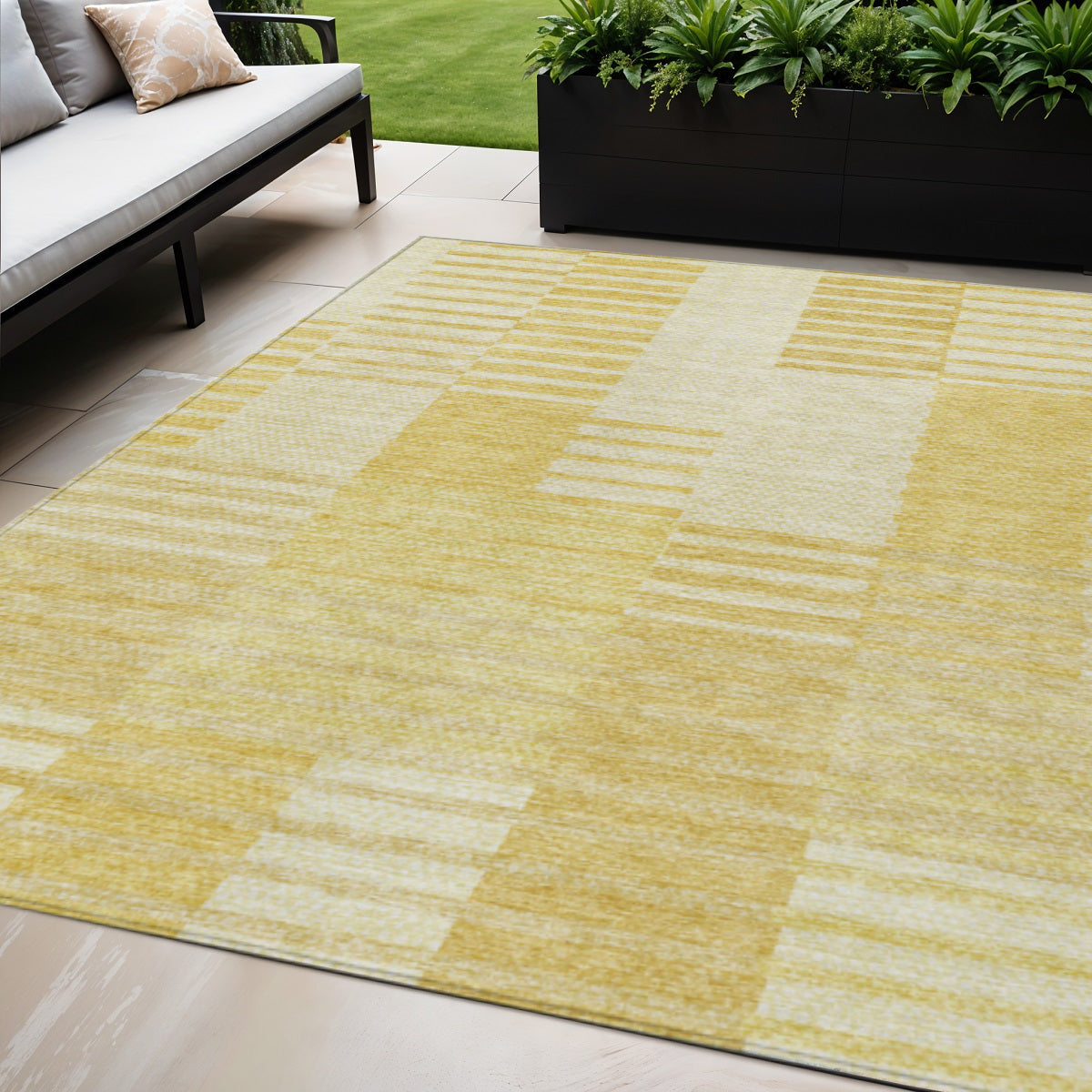 5' X 8' Gold Wheat And Ivory Striped Washable Indoor Outdoor Area Rug